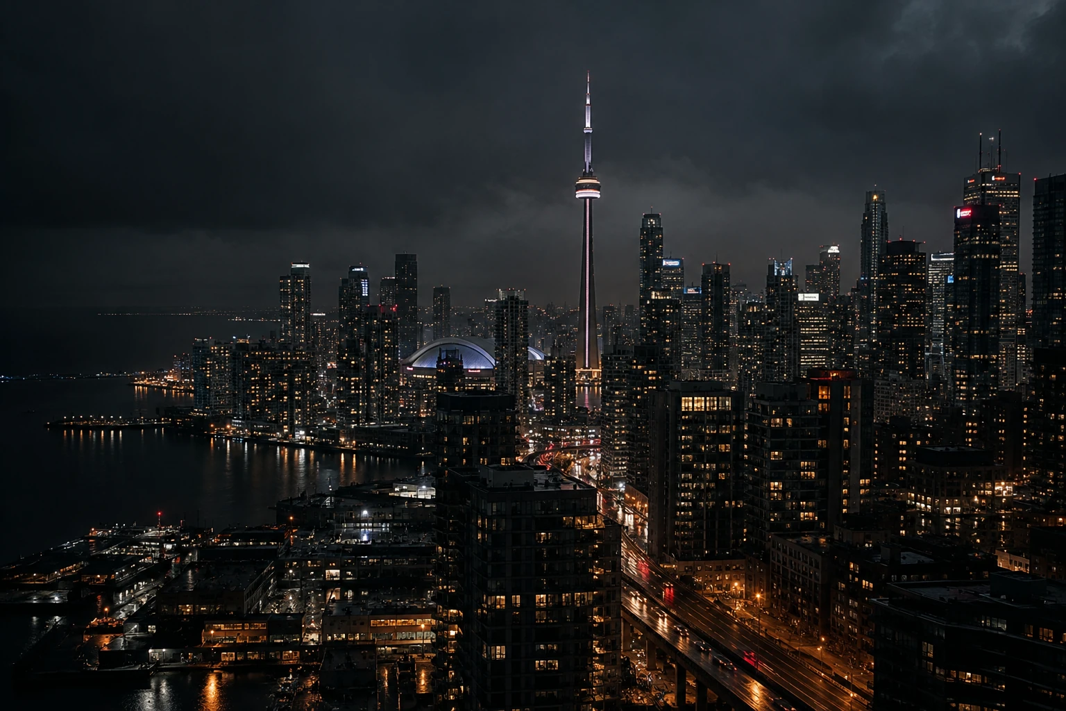 A city skyline at night