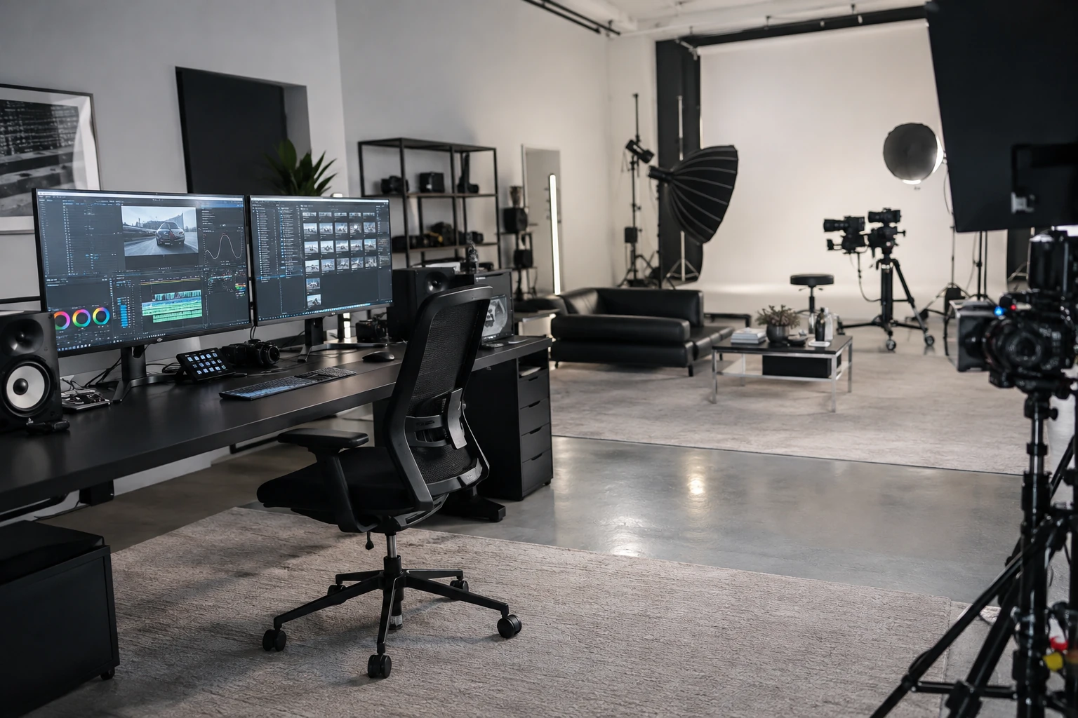 A content production studio with editing monitors and cameras