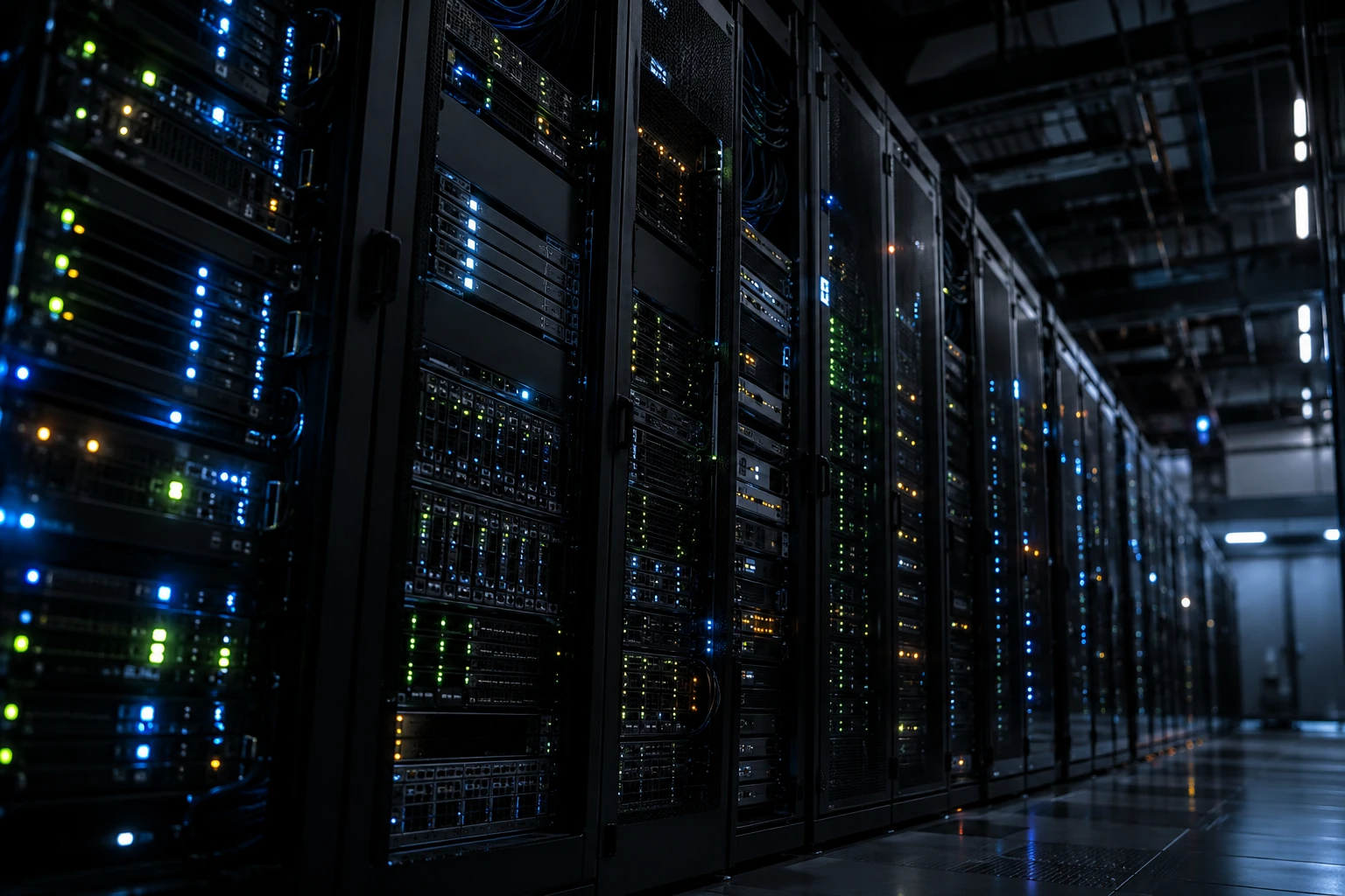 A blue-lit aisle of server racks