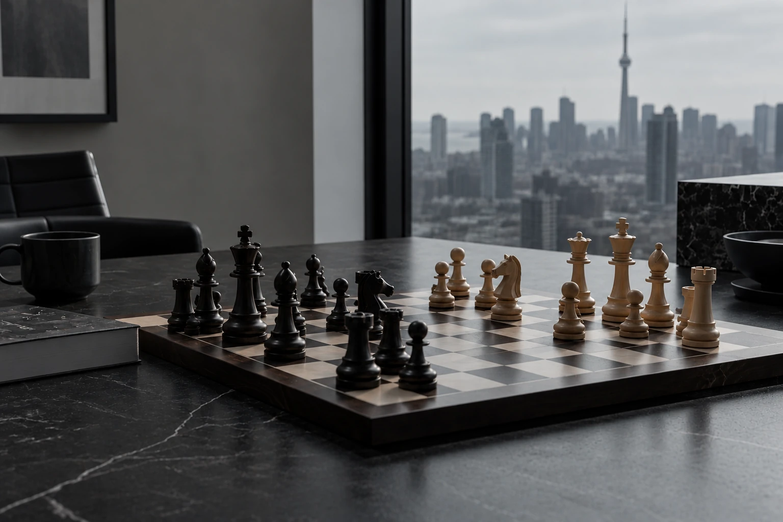 A chessboard beside a window overlooking a city
